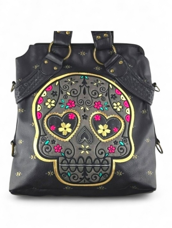 Loungefly Handbags - Loungefly Women's Sugar Skull Day of the Dead Large Black Faux Leather Bag Pink